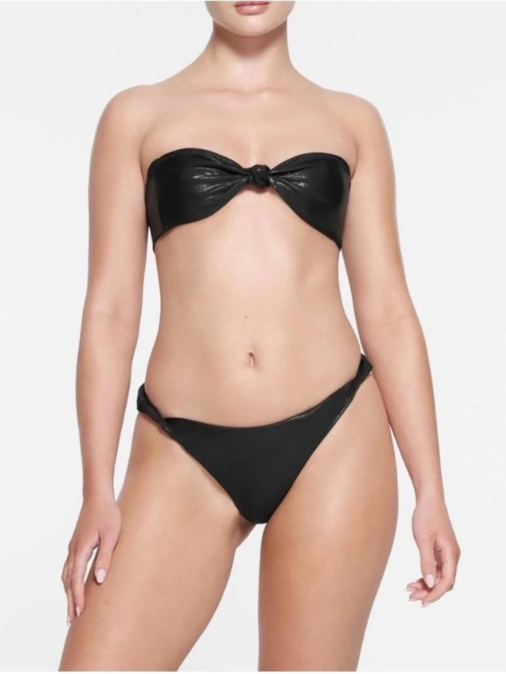 SKIMS Liquid Shine Black Strapless Knot Bandeau Bikini Set—S & XS